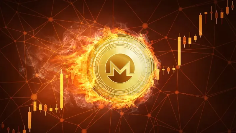 Editorial illustration of a Monero XMR coin against a backdrop of orange-lit price candles and a connected node graph — referenced in darknet market history reporting on the post-2018 shift toward privacy-coin denominated balances