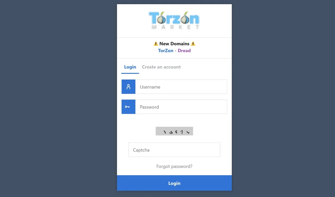 Torzon market login form with username and password fields, a numeric captcha image and 'Forgot password?' link below a Login button — shown after a successful Tor Browser handshake