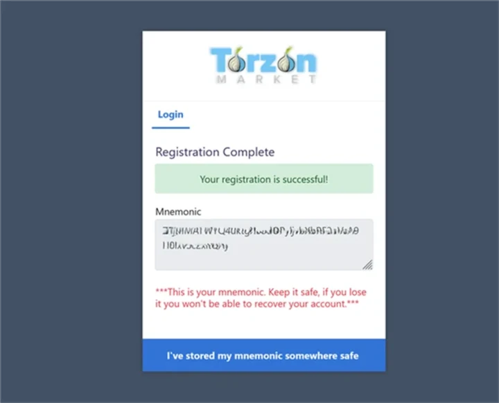 Torzon market 'Registration Complete' screen showing a generated mnemonic recovery phrase with a red warning that losing the mnemonic prevents account recovery