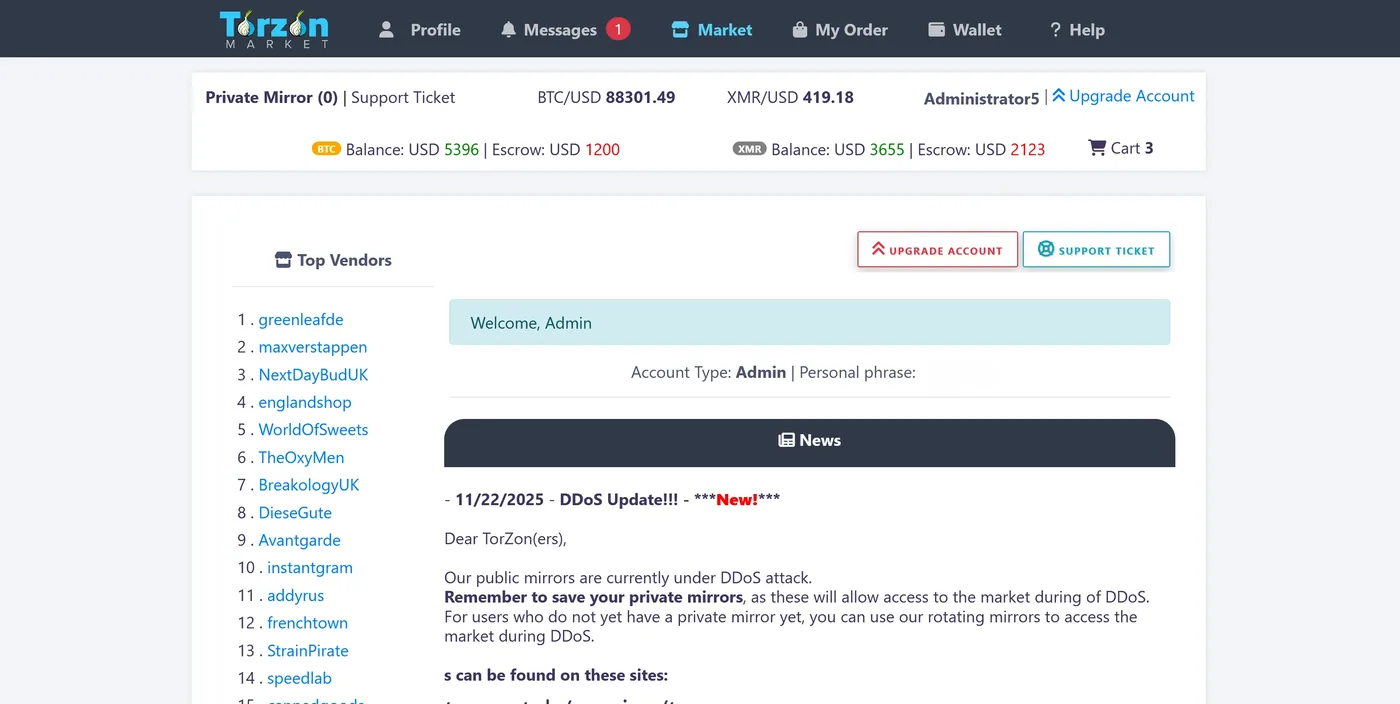 In-service news panel observed inside a verified Torzon mirror — headline 'DDoS Update' with a reminder to save private mirrors, surrounded by Top Vendors and Welcome, Admin context