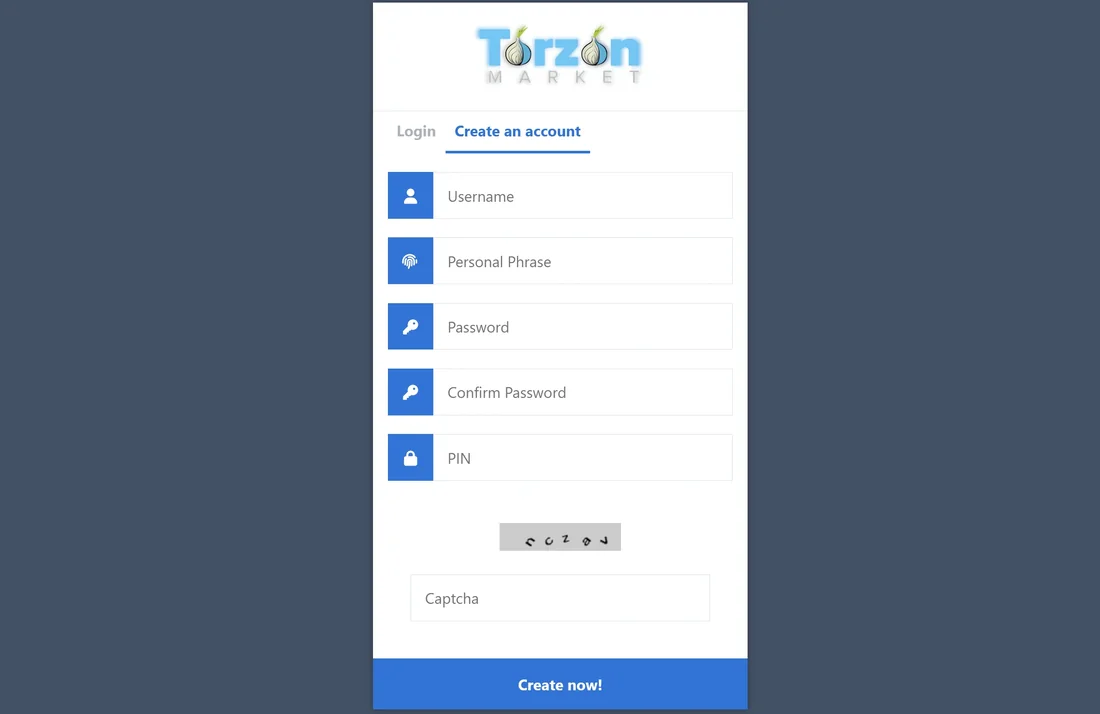 Torzon market account creation form requesting Username, Personal Phrase, Password, Confirm Password, PIN, and a captcha — observed inside a verified mirror during a TorzonWatchers review session