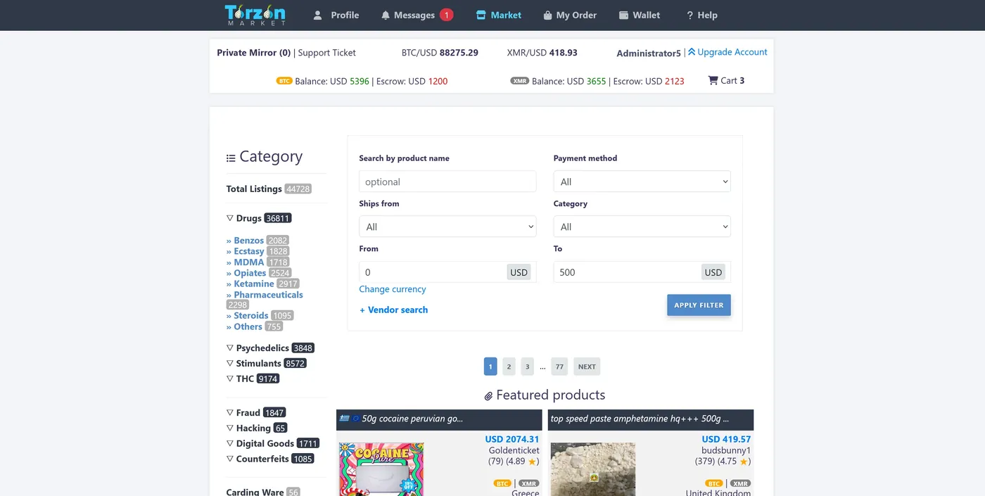 Annotated screenshot of a Torzon market mirror landing page reached after Tor Browser resolved a verified v3 hostname — captured during a TorzonWatchers dated review session